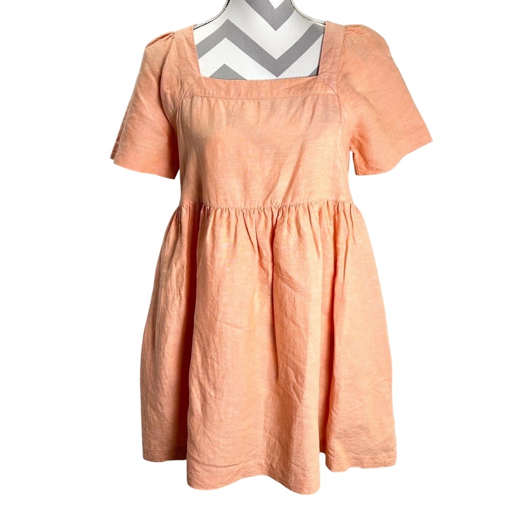 Madewell Linen Blend‎ Mini Dress Square Neck Puff Sleeve Casual Peach S